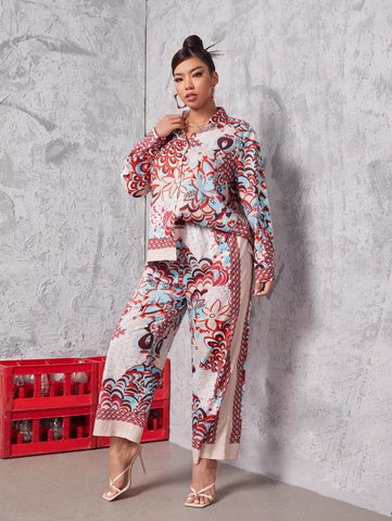 Floral Print Blouse and Pants Set